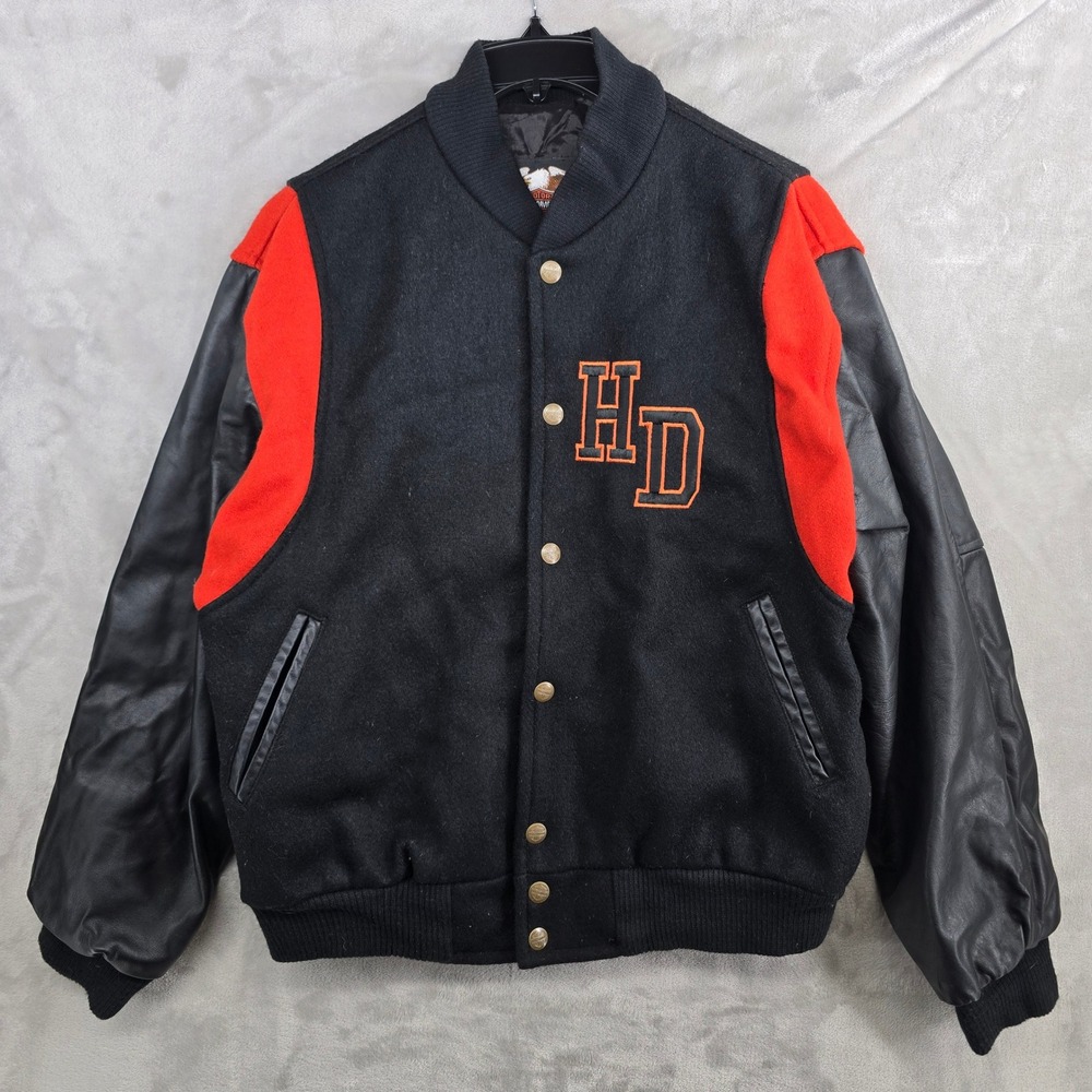 Harley Davidson University Letterman Jacket Mens Small Black Orange Leather Wool